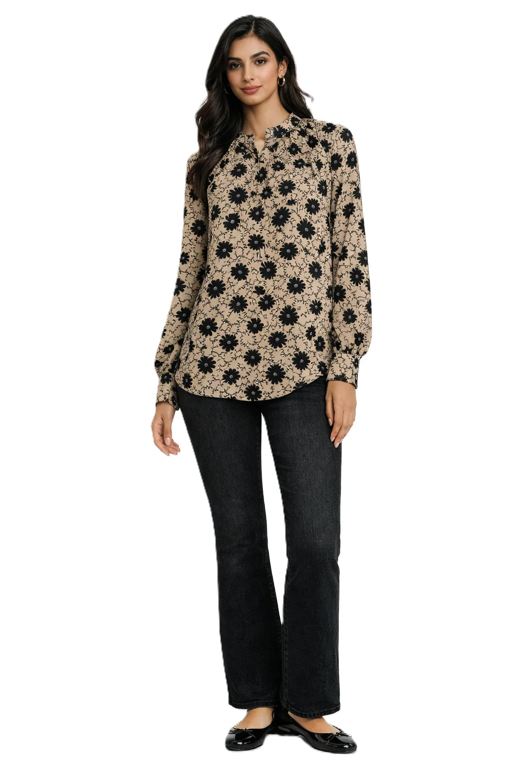 Floral Print Chiffon Blouse - Beige