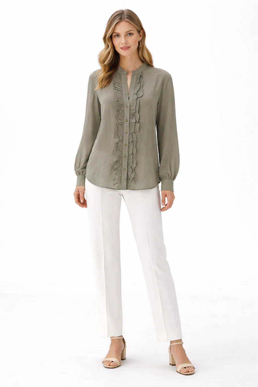 Sheer Chiffon Ruffle Blouse - Olive