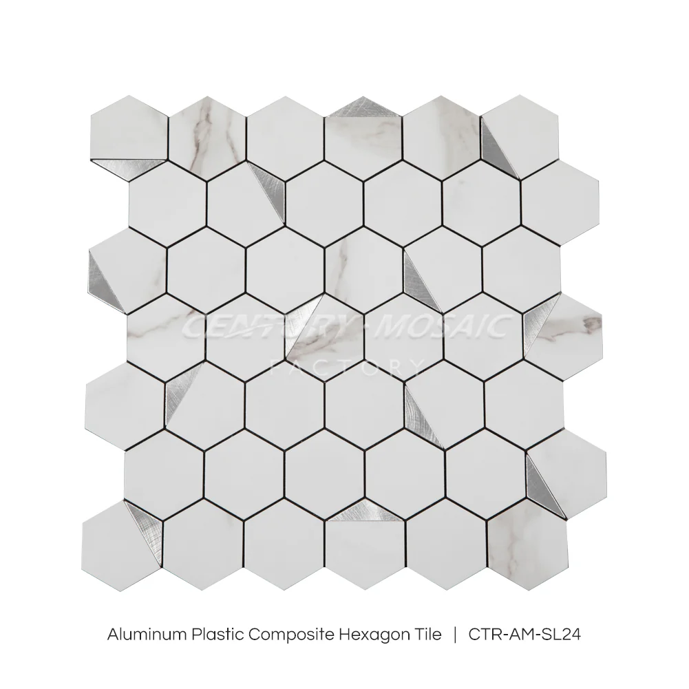 Peel and Stick Aluminum Plastic Composite Mosaic Tile - White Silver Hexagon